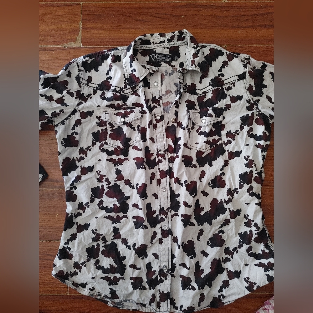 Women's Cowgirl Hardware Black and Brown Cow Print Western Shirt